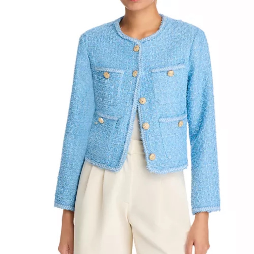 NWT AQUA Blue Tweed Collarless Jacket Size XS